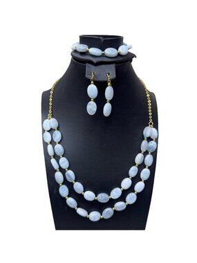 Stauer Gold-Tone Necklace Bracelet & Earrings Set Larimar / Aquamarine Beads